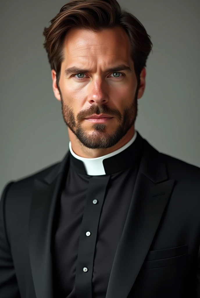 Full HD image, hyper realistic. Ian Somerhalder with a goatee as a Lutheran pastor, wearing a clerical circular collar. Handsome man. Full body image.