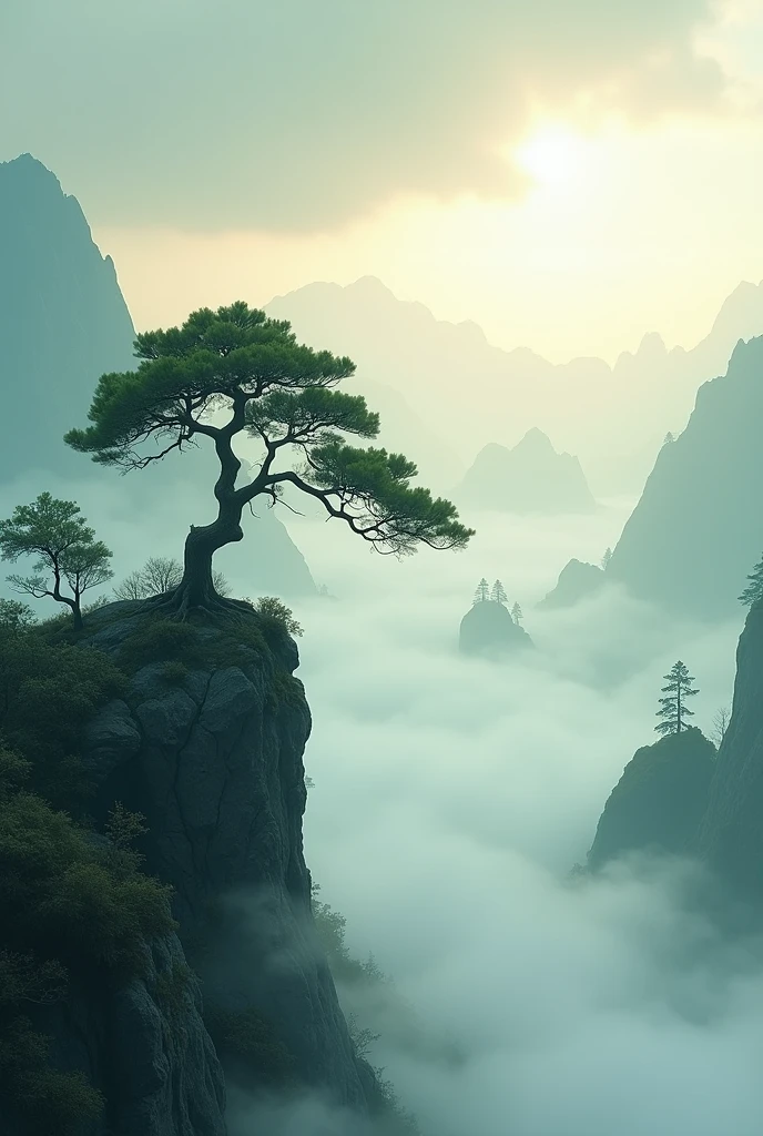 A hauntingly beautiful, ethereal landscape. A lone pine tree stands defiant on a rocky outcrop, overlooking a vast valley shrouded in mist. The sun's rays pierce through the clouds, casting long, dramatic shadows. The scene is reminiscent of a classic Chinese ink wash painting, with soft, muted tones and a sense of tranquility.

Would you like to add any specific elements or artistic styles? For example, you could specify a particular time of day, a specific artist's style, or a particular mood or emotion.