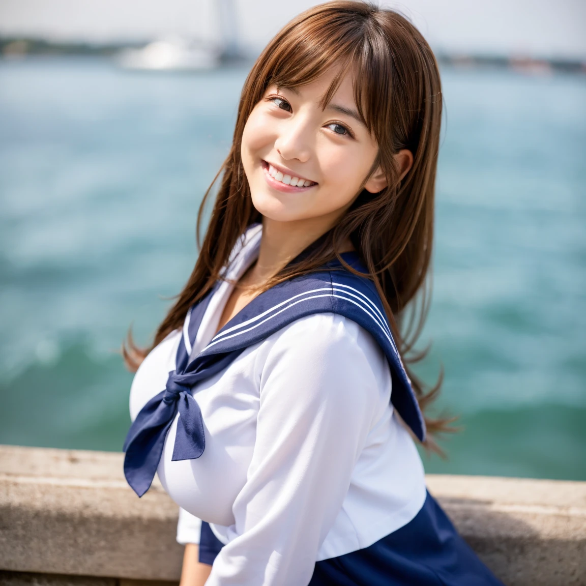 Highest quality,Best Images,Japanese,Big Breasts,Long brown hair,beautiful girl,Sailor suit,smile