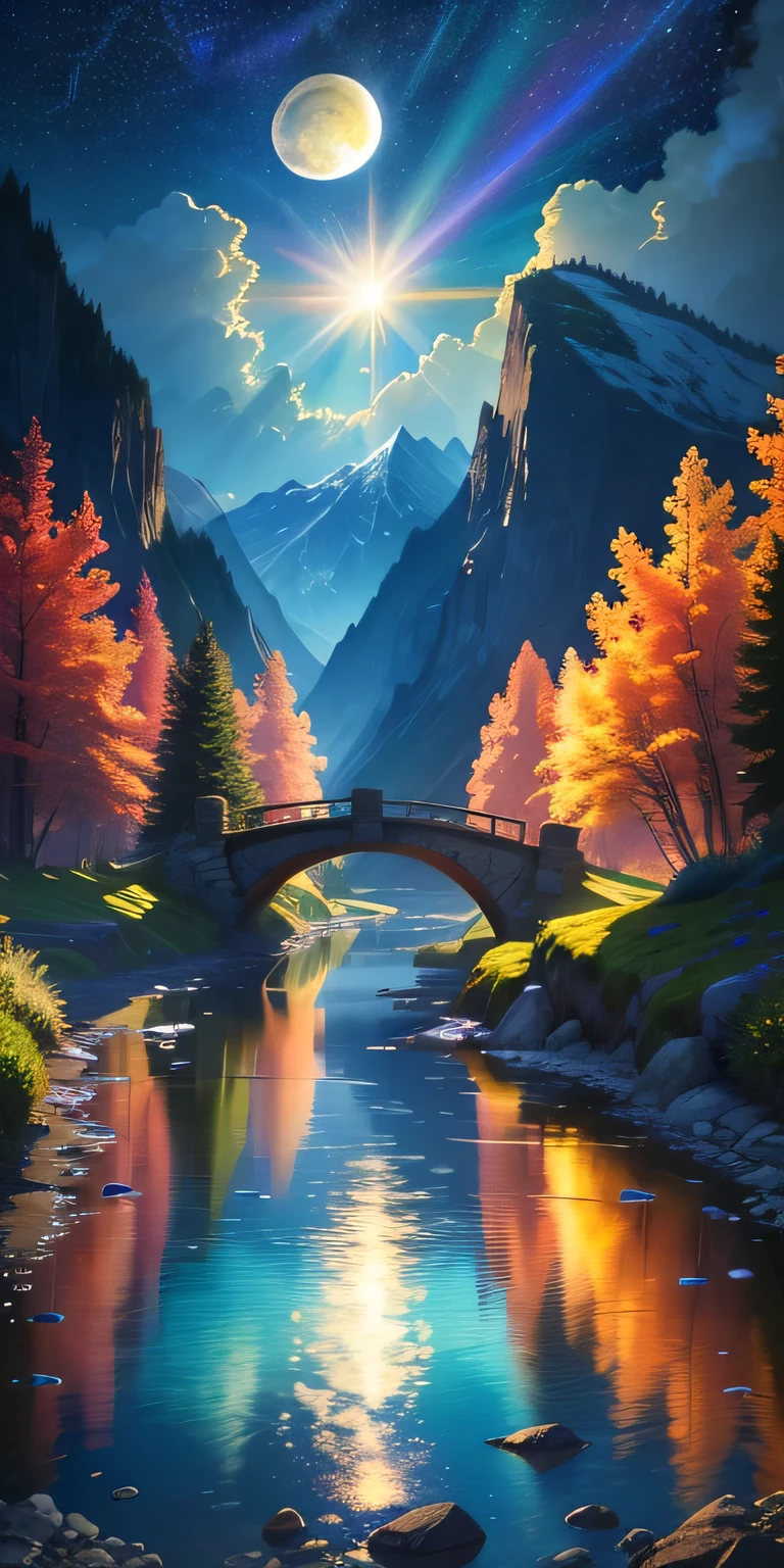 Masterpiece, 8k wallpapers, extremely detailed, best quality, high quality, landscapes. ((Colorful sky)), clouds, (((Full moon, nebula and background stars))), (high mountains), Panorama, , Detail enhancement, Detail enhancement, Flawless. Award-winning photography, Depth of field, HDR, Photorealism, Highly detailed, Intricate, High detail, Dramatic, ((color image)), ((single image)), night, realistic, ((vivid colors)), ((light rays, rays)), mini river, image reflecting in water,