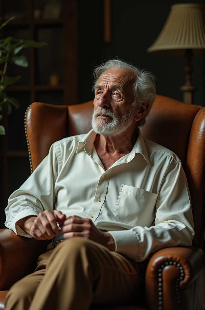 Create a video of an old man, dressed in white and brown siting on a back leaning chair, reading an emtional poem, has subtle sadness in eyes.