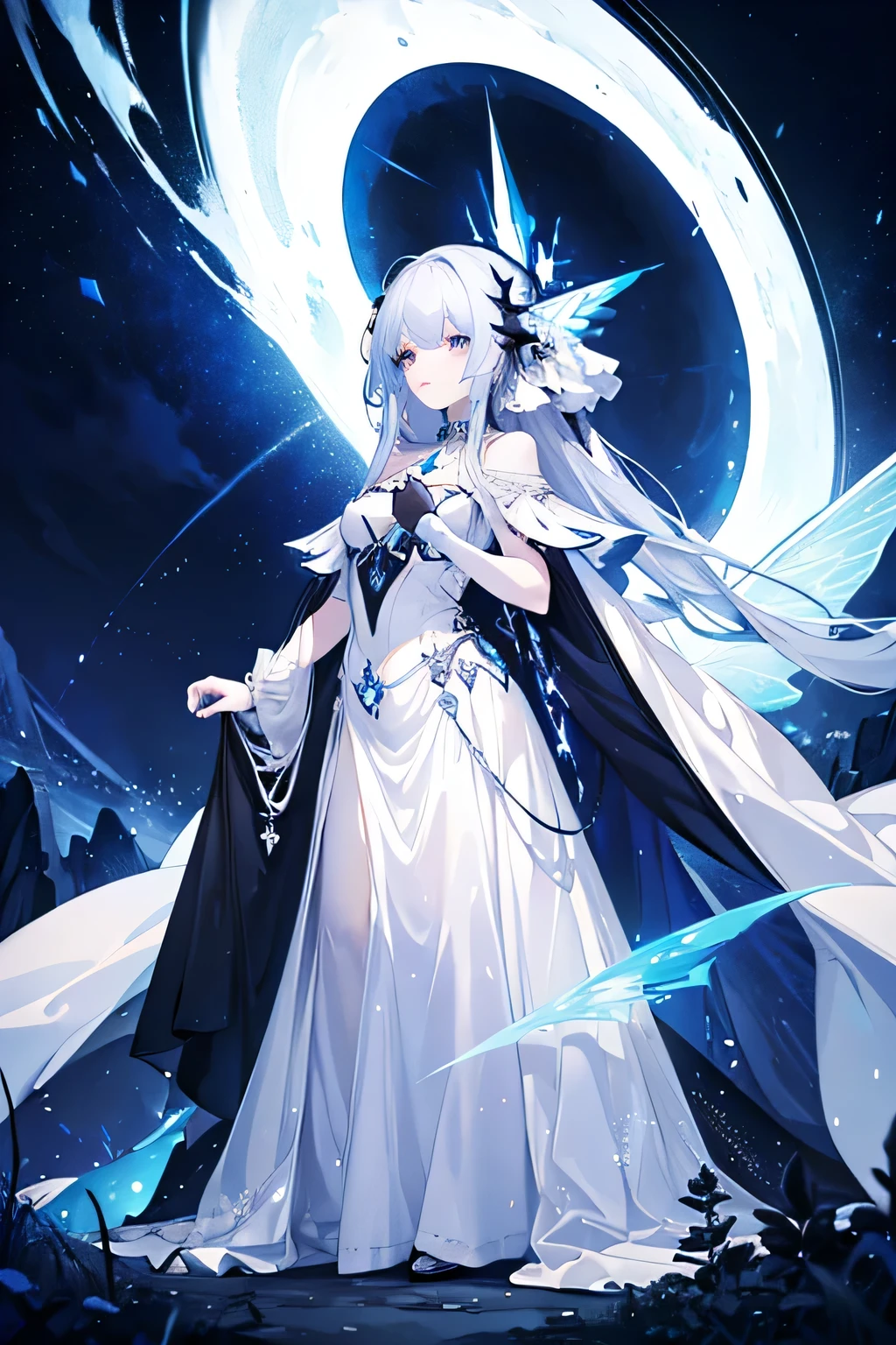 1woman, white gown, full body, cold face, black eyes, night sky, crescent, blue moon, dark night, fairy, sparkling star, standing in cliff, detailed eyes, detailed hand and body, masterpiece, best quality