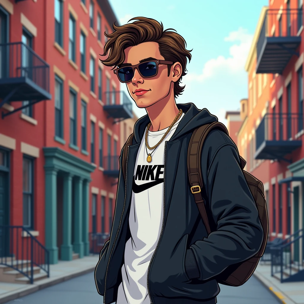 A stylized illustration, with framing from the waist up, This type of art will be based on cartoon and manga fundamentals.. A man who looks like Tom Holland in a Nike shirt, trap singer style and behind a blookyn neighborhood, with headphones and a black jacket, wearing Gucci sunglasses, medium hair. with a backpack on your back