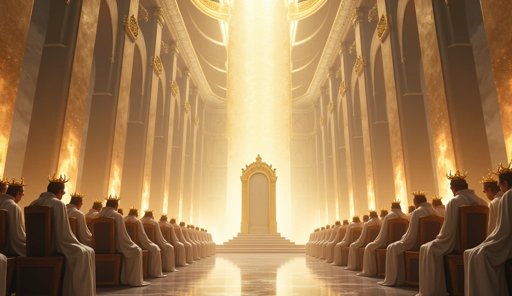 Imagine an empty throne in the middle of a temple in heaven. On top of that empty throne is a rainbow, and around that throne there are 24 smaller thrones, with 24 elders seated in them, These elders wear golden crowns and dress in white.