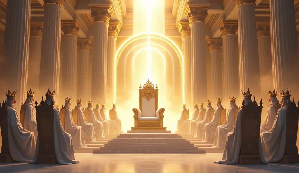 Imagine an empty throne in the middle of a temple in heaven. On top of that empty throne is a rainbow, and around that throne there are 24 smaller thrones, with 24 elders seated in them, These elders wear golden crowns and dress in white.