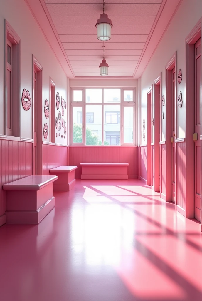 (photorealism:1.2) 
Inside a pink and white classic school hallway second floor of a pink classic school, Along the hallway there are some classic school pink open doors of the different classes rooms. There's a long pink bench along the hallway, 
At the right hand side of the hallway there's a pink school stairway that 
open door that leads to the school first floor, there are many drawings of 💋 can be seen on the walls, 
View: Over the shoulder perspective photo, 
high resolution, masterpiece, best quality, intricate details, highly detailed, Hiperrealistic