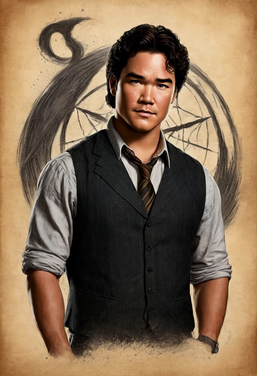 An illustrated movie poster, hand-drawn, full color, a age Hogwarts student, 18-years-old, male, wearing a charcoal vest and black slacks, brown eyes, brown-black hair, voluminous curly mane, suntan complexion, medium height, broad shoulders, stocky frame, muscular, rugged scruffy appearance, lots of body hair, resembles Dean Cain, gripping a magic wand, hard shadows, graphite shading, stencil marks, airbrushed acrylic paint, masterpiece, in the style of the Deathly Hallows