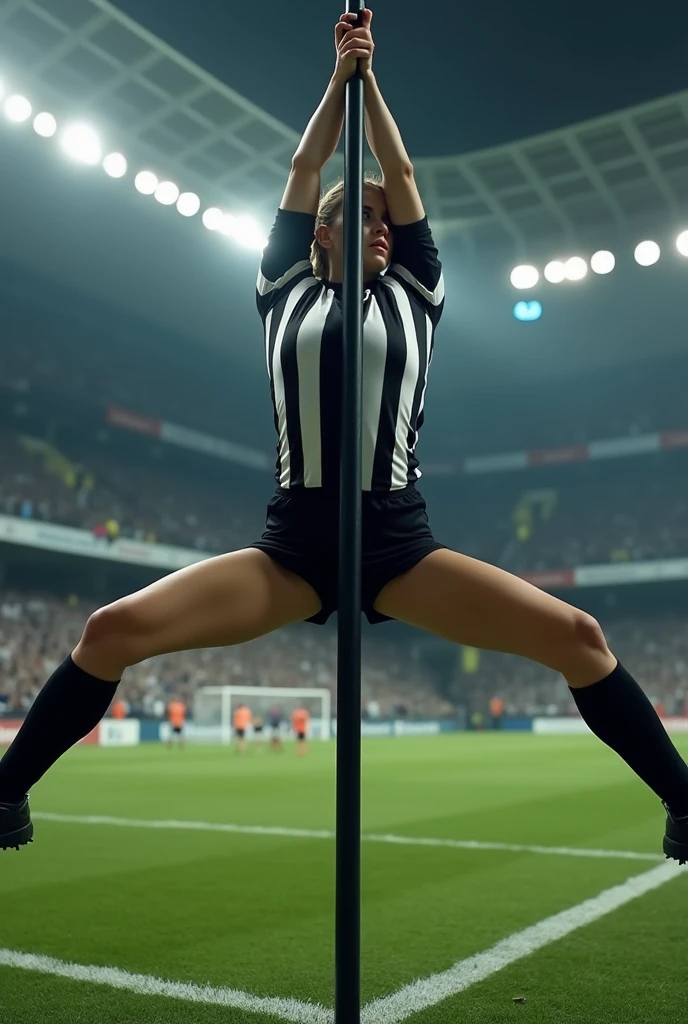A referee with her legs open on a pole