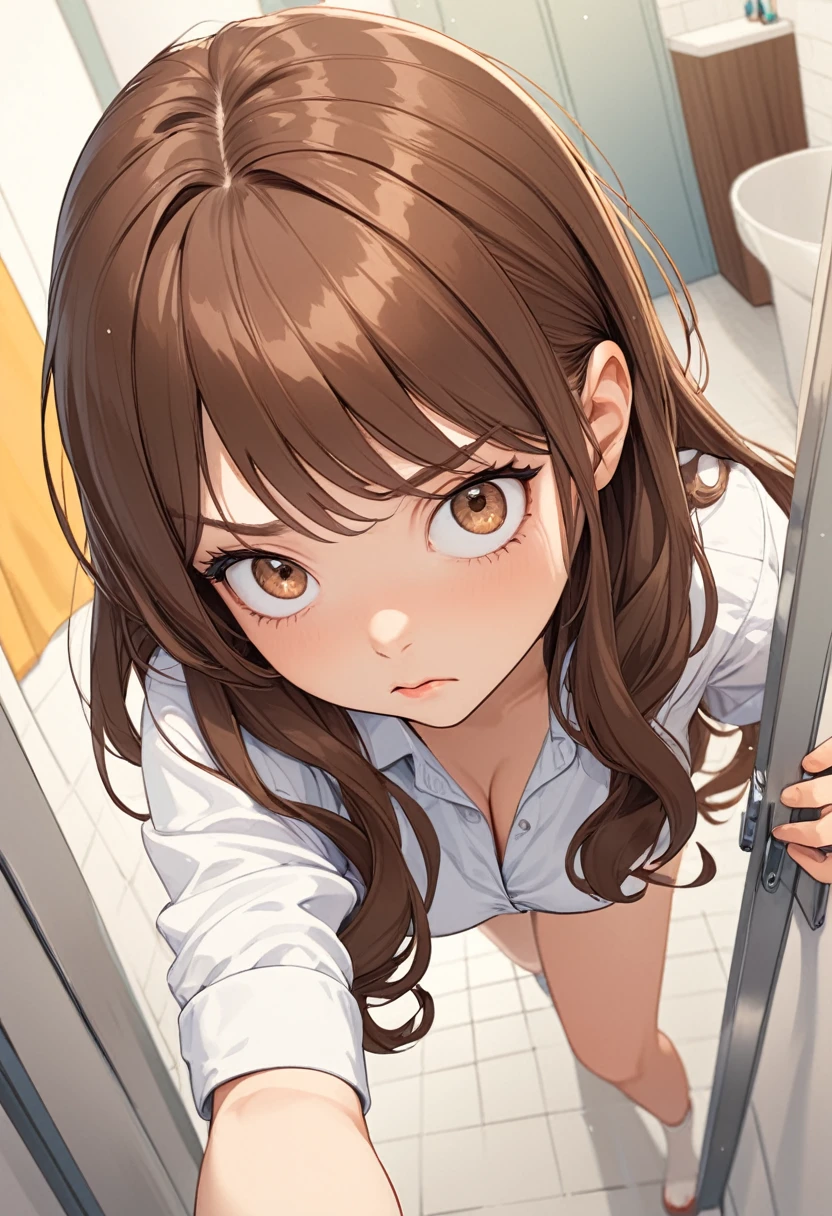 detailed illustration, dynamic angle, ultra-detailed, illustration, 1girl, 18 year old, school girl, wavy brown hair, long hair, bright brown eyes, cleavage, medium breasts, rolling eyes, unimpressed, disdainful, bathroom, walking through door