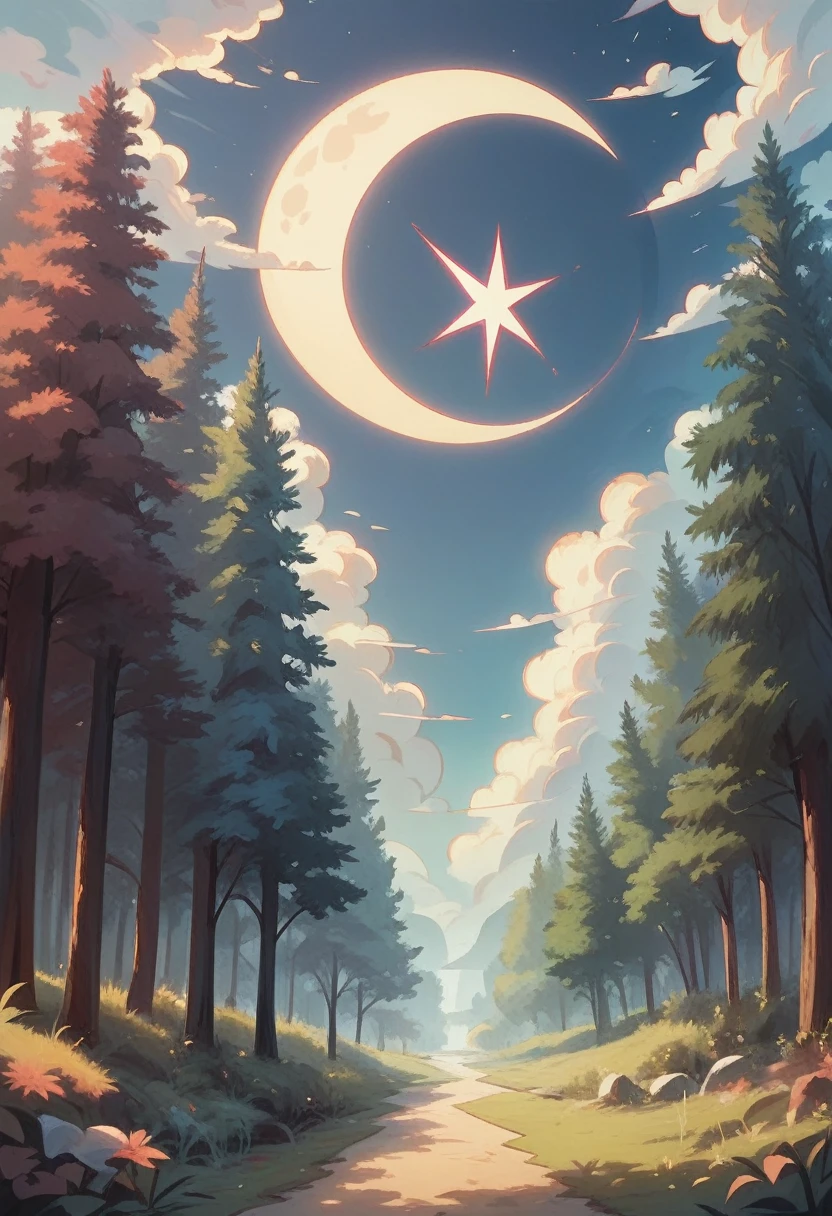 abstract scenery, shining mushroom, shining moon, shining star, 1girl, forest, red sky, night, accurate, masterpiece, detailed