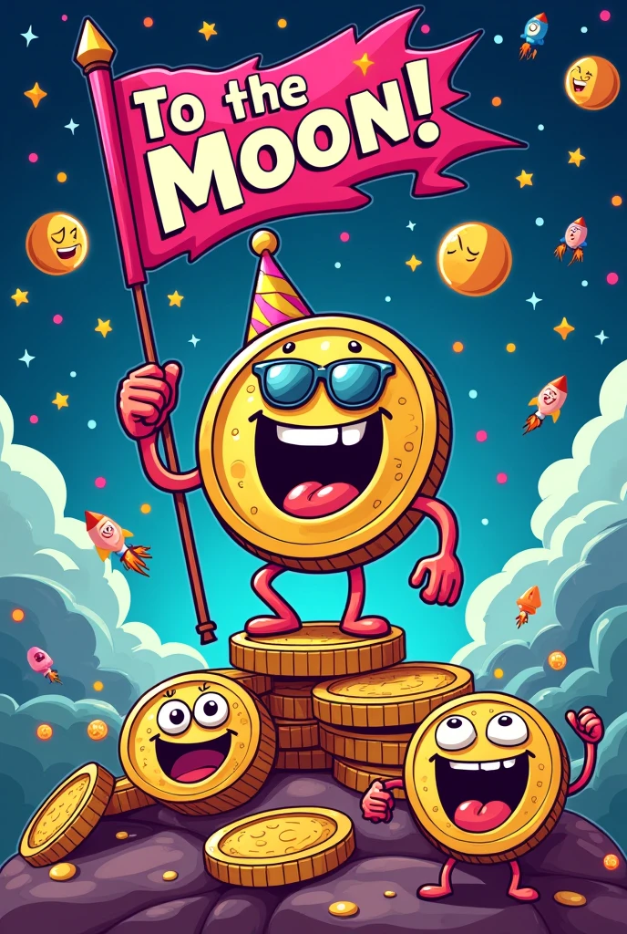 A playful scene featuring a cute and cartoonish anthropomorphic coin character with a wide, mischievous grin, symbolizing a MEME coin. The coin character has exaggerated, expressive eyes and is wearing quirky accessories like sunglasses and a party hat, adding to the humorous vibe. The character is standing on a pile of smaller coins, triumphantly holding a flag that reads "To the Moon!" in bold letters.
In the background, there’s a chaotic, fun atmosphere with other smaller coin characters laughing, throwing confetti, and celebrating wildly. The scene is set against a cosmic backdrop, with cartoonish stars, moons, and rockets zooming by. The overall color scheme is bright and vibrant, with a mix of neon colors like electric blue, hot pink, and bright yellow to give the image a lively, energetic feel.