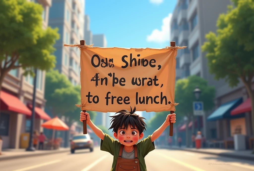 A homeless boy named "bujang" holding banner with text "makan siang gratis?", disney pixar animation style