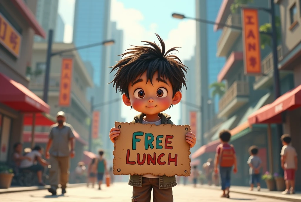 A homeless boy named "bujang" holding banner with text "makan siang gratis?", disney pixar animation style