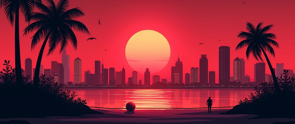 make a minimalist Miami landscape image, with palm trees, buildings and with a basketball etc., nas cores do Miami heat (red and black) not vaporwave style