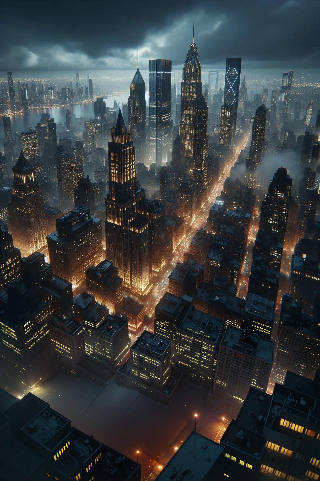 Cityscapes of Gotham City in the night, modern-old buildings and bright illuminated streets.