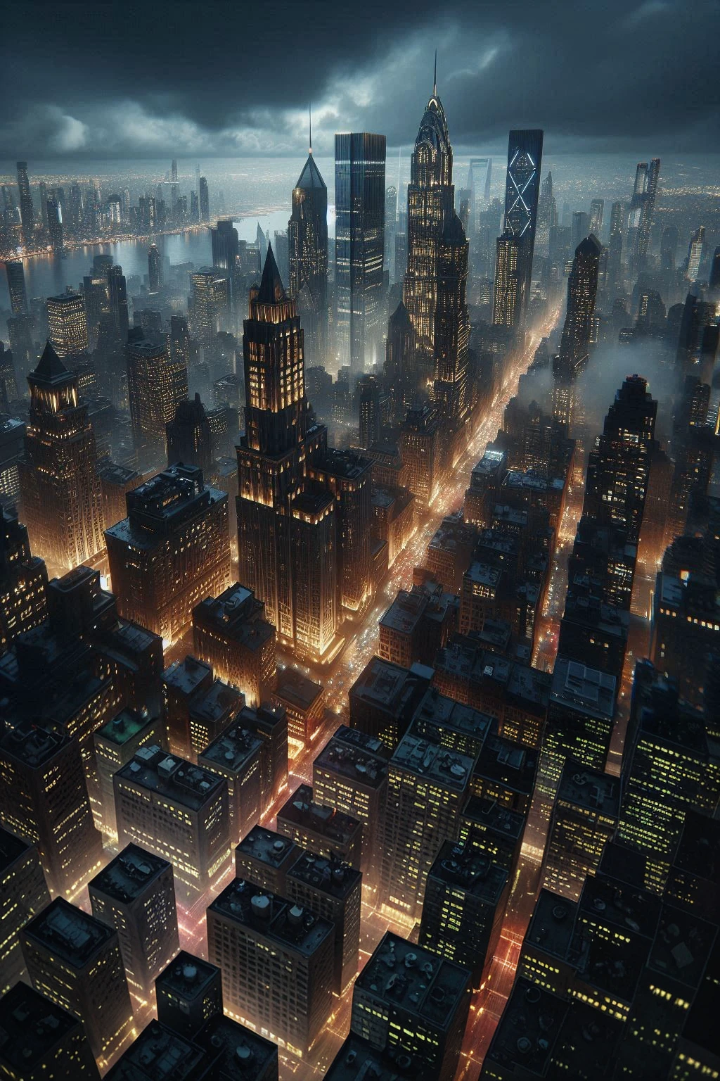 Cityscapes of Gotham City in the night, modern-old buildings and bright illuminated streets.