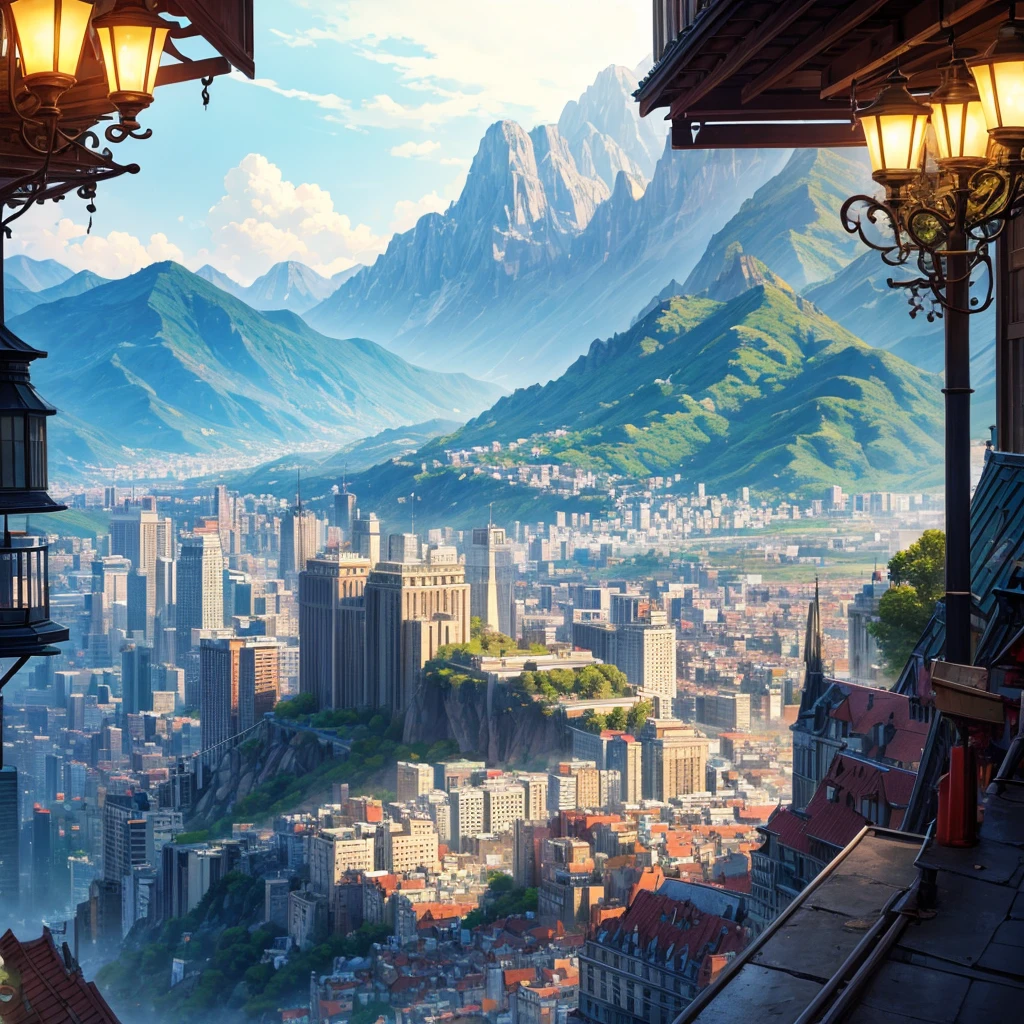 View of a large city metropolis with buildings of all kinds of sizes with streets, Lamps,etc , sunny with mountains and trees background