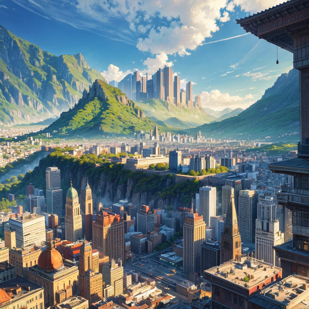 View of a large city metropolis with buildings of all kinds of sizes with streets, Lamps,etc , sunny with mountains and trees background 