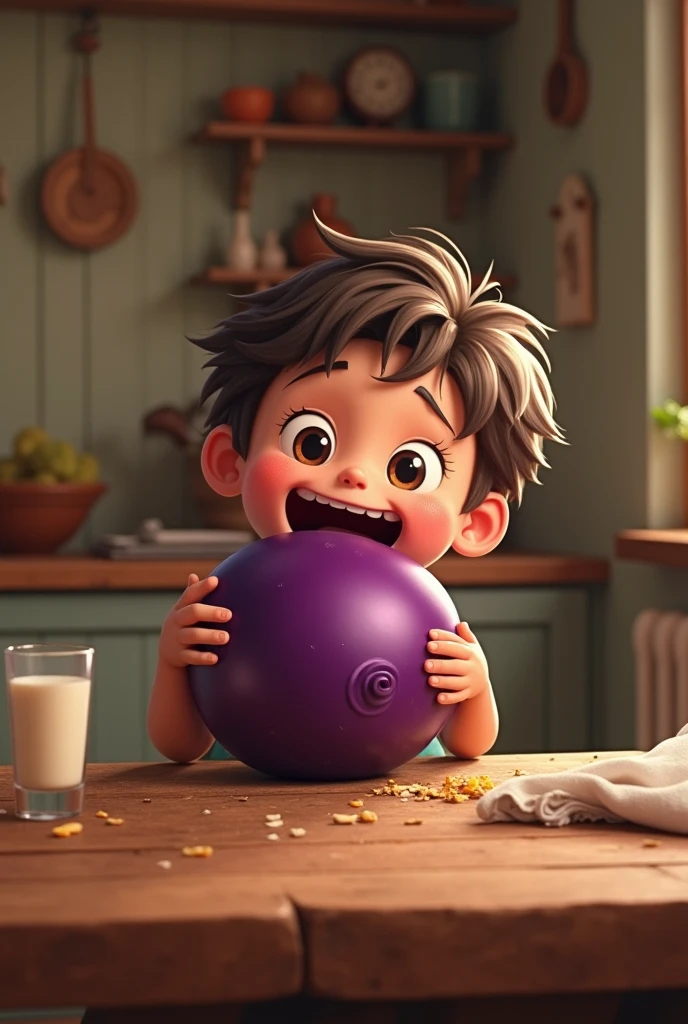 A eating a round eggplant
