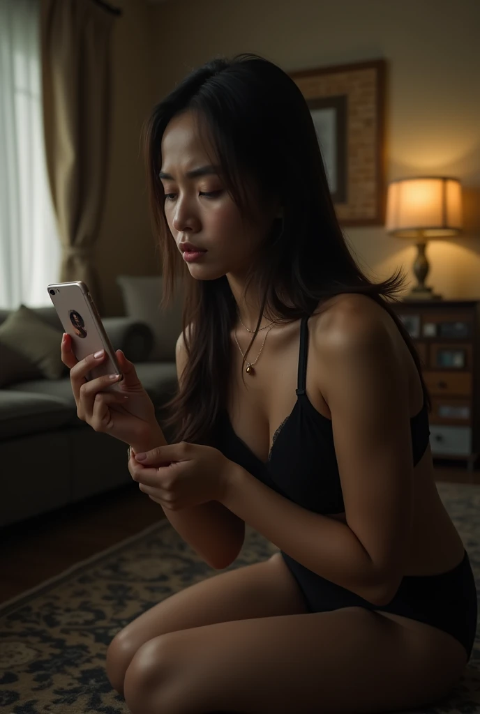 dramatic scene where a son found out that his mother has a naked picture in her phone, son blackmailing mother to undress, mother embarrassed, the mother is a beautiful indonesian woman, with features similar to Nora danish (40 yo beautiful celebrity, woman with slim body and medium saging breast mid short hair), 15 yo teenage nerd boy, the mother kneeling in front of his son, begging her son to forgive her. mother is wear hijab, she wear black victoria secret sexy lingerie and has an ashamed expression on her face. The son naked and show his cellphone to his mother, the mother pleads with tears in his eyes,the scene is captured in the living room at afternoon, intense emotions, cinematic, dramatic angles, gritty realistic style, chiaroscuro lighting, intense facial expressions, vulnerable poses, sensitive content, powerful storytelling