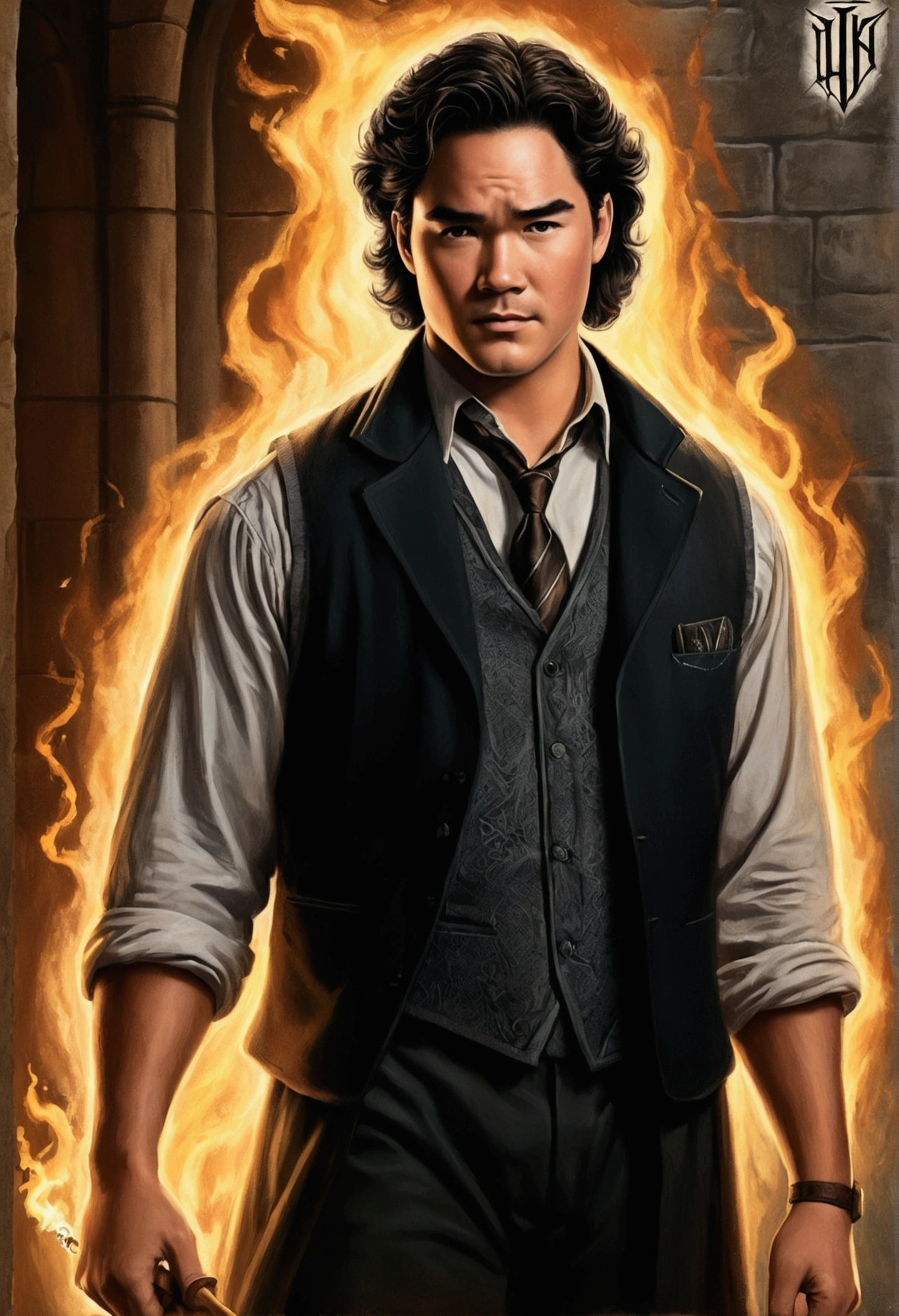 An illustrated movie poster, hand-drawn, full color, a teenage Hogwarts student, 18-years-old, male, wearing a charcoal vest and black slacks, brown eyes, brown-black hair, voluminous curly mane, suntan complexion, medium height, broad shoulders, stocky frame, muscular, rugged scruffy appearance, lots of body hair, resembles Dean Cain, gripping a magic wand, hard shadows, graphite shading, stencil marks, airbrushed acrylic paint, masterpiece, in the style of the Deathly Hallows