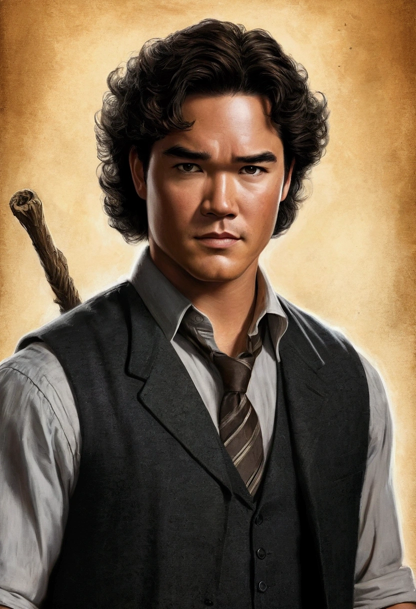 An illustrated movie poster, hand-drawn, full color, a teenage Hogwarts student, 18-years-old, male, wearing a charcoal vest and black slacks, brown eyes, brown-black hair, voluminous curly mane, suntan complexion, medium height, broad shoulders, stocky frame, muscular, rugged scruffy appearance, lots of body hair, resembles Dean Cain, gripping a magic wand, hard shadows, graphite shading, stencil marks, airbrushed acrylic paint, masterpiece, in the style of the Deathly Hallows