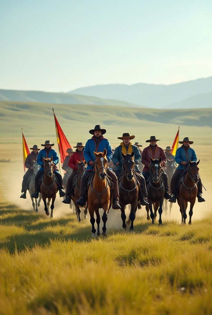 "Depict a vast, open steppe with a mix of green and golden grasses stretching to the horizon under a bright, clear sky. The scene features 1,000 modern Mongolians on horseback, riding together in a powerful, coordinated movement. The riders wear a mix of traditional and contemporary clothing—some in modern versions of the 'deel' with updated patterns and colors, while others wear outdoor gear like jackets and jeans, blending tradition with modernity. Their horses are strong and well-groomed, moving confidently across the steppe. Capture the sense of camaraderie and pride among the riders, with some carrying flags or symbols of Mongolia. The overall atmosphere should convey the harmony between tradition and the present, with the endless steppe highlighting the connection between the people and their land."