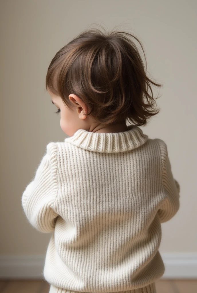 Generates an image of a 1 year old female Instagram profile picture approximately 1 meter tall,54 with a lead sweater from behind so that his face cannot be seen but from behind that does not show his face but that is turned around but does not show his face