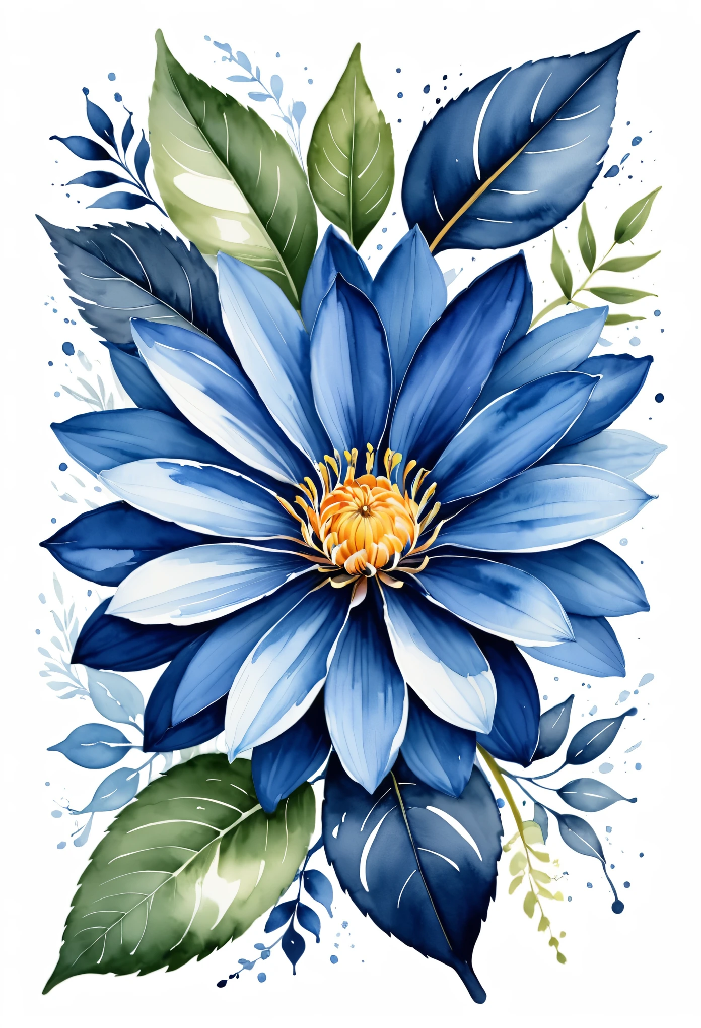 watercolor, flower, beautiful, watercolor style, flower and leaf patterns, wet on wet technique, muted, indigo, fabric design, flat illustration, highly detailed clean, vector image, masterpiece, professional, isometric, bright vector, white background, dry brush, brush strokes, painted on canvas, by J.M.W. Turner. expressive marks.