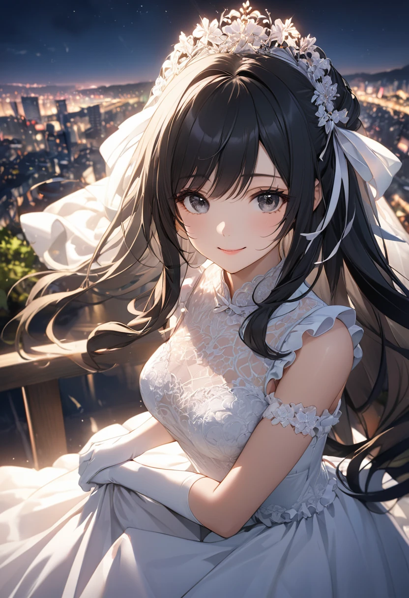 (Masterpiece),(artwork),(Highest quality),(High detailed 8k CG wallpaper),(studio lighting),beautiful girl,(detailed eyes,face),(detailed hair),japanese woman,Portrait Lens,Background landscape of a city illuminated at night,cinematic indirect lighting,solo,smile,black hair,long hair,black eyes,Wedding dress,long skirt,pure white dress,sleeveless,white ribbon,white long gloves,Gloves longer than elbow,frills,white ruffles,skirt ruffles,white thigh highs