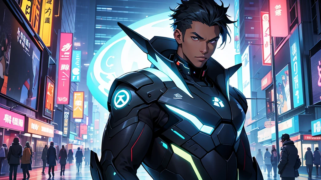 A technologically-connected black man strikes a pose in a 2D anime-style image, surrounded by modern gadgets that emphasize his global connections. With sleek, futuristic devices glowing around him, he exudes confidence and sophistication. The vibrant colors and intricate details in the artwork bring an air of realism to the scene. Each element, from the man's stylish attire to the dynamic composition, showcases the artist's skill and attention to detail, making this image a strikingly vivid and immersive piece of digital art