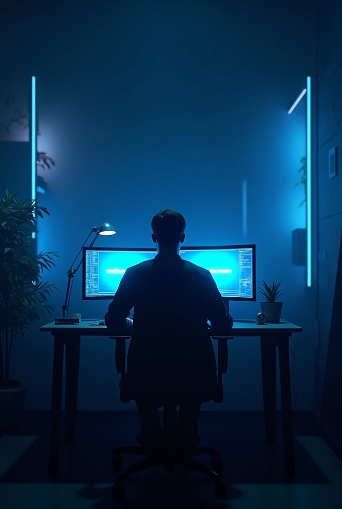 Il y a un homme assis à un bureau avec deux écrans d'ordinateur., éclairage bleu et , Post-production 8k, Post-production 8K, Éclairage bleu , Post-production 8k, Post-production 8K, composition, Cyberpunk Clay, avec éclairage cinéma, éclairage aux couleurs cinématographiques, Rendu 3D 8K tir, Portrait pris en 8K avec le logo de "Twistreamv en bleu "