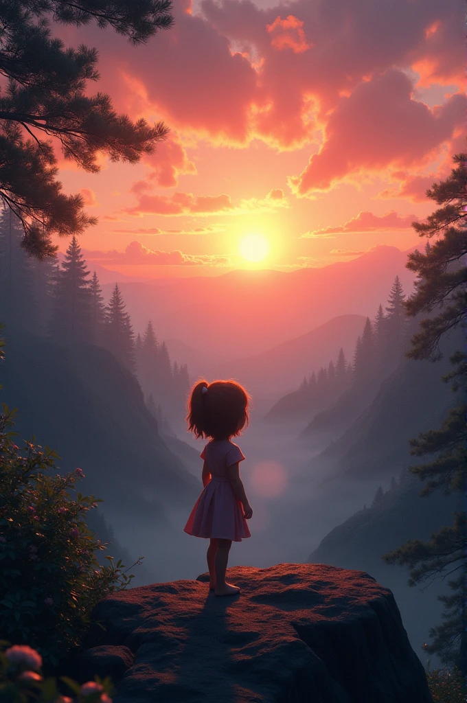 A sunset view at the edge of a mystical forest with the sky painted in gold and pink hues, and a young girl standing on the edge, looking outHyper-realistic, 8k,ultra HD, pixar style, Disney style, cinima 4d, ar 3:2