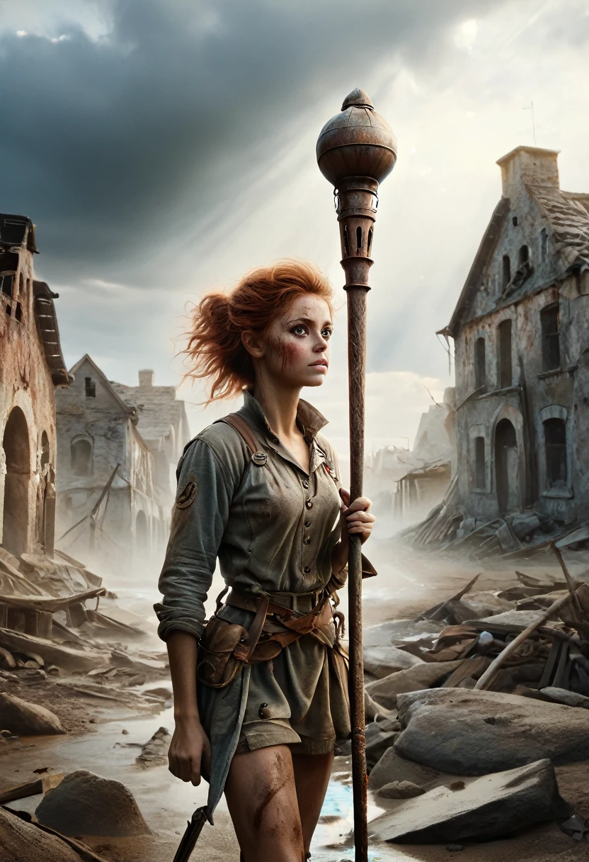 (Realistic:1.2), (whimsical:1.2), ultra detailed, modern analog style, photorealistic cute woman, chestnut hair, tattered outwear, post-apocalyptic, detailed face, beautiful eyes, (shy smile:0.7), (freckles:0.5), holding a big staff, exhausted after another battle, dramatic, faded colours, soft focus, soft naturally lighting, looking directly to the camera, centered image, elegant, approaching perfection, hyper realystic, bokeh, kodak 400 porta film, blured post-apocalyptic background of ruin city includes metal and stone construction  elements 