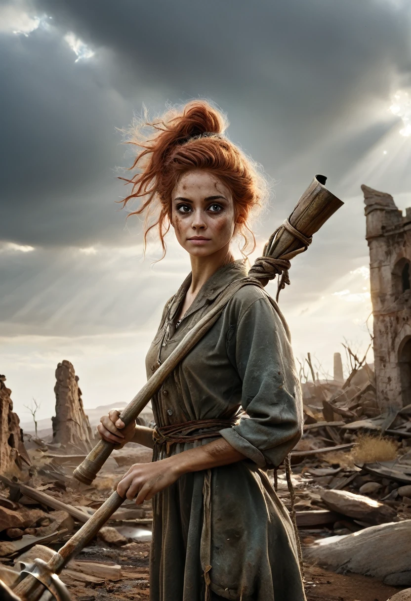 (Realistic:1.2), (whimsical:1.2), ultra detailed, modern analog style, photorealistic cute woman, chestnut hair, tattered outwear, post-apocalyptic, detailed face, beautiful eyes, (shy smile:0.7), (freckles:0.5), holding a big staff, exhausted after another battle, dramatic, faded colours, soft focus, soft naturally lighting, looking directly to the camera, centered image, elegant, approaching perfection, hyper realystic, bokeh, kodak 400 porta film, blured post-apocalyptic background of ruin city includes metal and stone construction  elements 