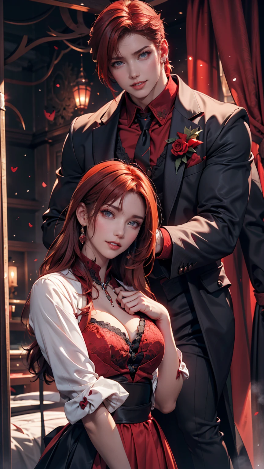 masterpiece, Highest quality, High resolution, One person, alone, Modern vampires, Redhead, Long Hair, Open Hair, Red eyes, Wicked Smile, On either side of her were two boys., both vampires with Redhead, Red and black outfit, Scary background