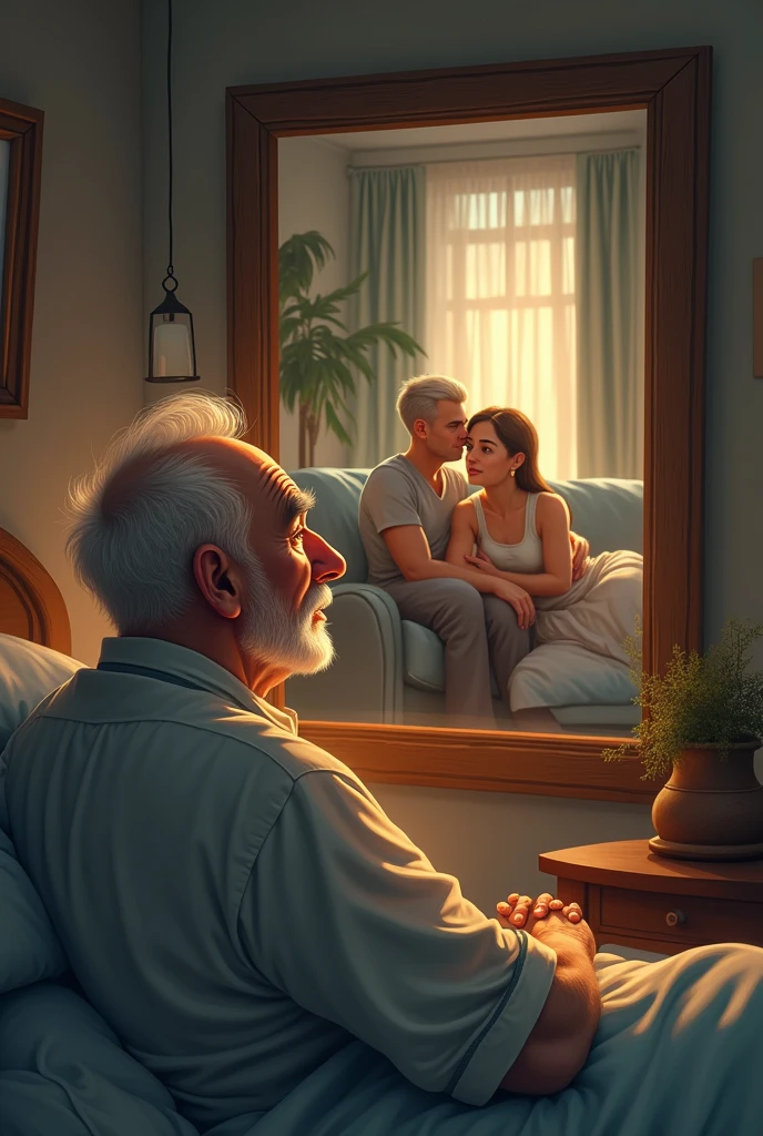 An image of an elderly man watching his daughter and son-in-law who are on the sofa, while they were in the room,from the mirror, and the gentleman was lying in his bed