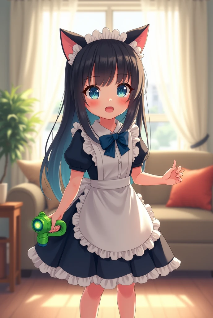 An innocent 4-year-old fantasy anime girl with big and blue eyes that twinkle in the room light, playfully and softly chuckles with blushed cheeks, while she is standing facing you, Her head is slightly turned to the right, her white and black and blue baby maid outfit with unreal cat ears and two blue bow ties on her head, fairly long straight black hair, in the middle of the living room , a Green water gun in her left hand