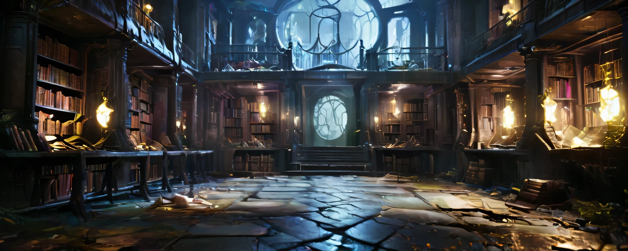 ancient library, cyberpunk scenario, diffused lights, Sober colors, eyeshadows,