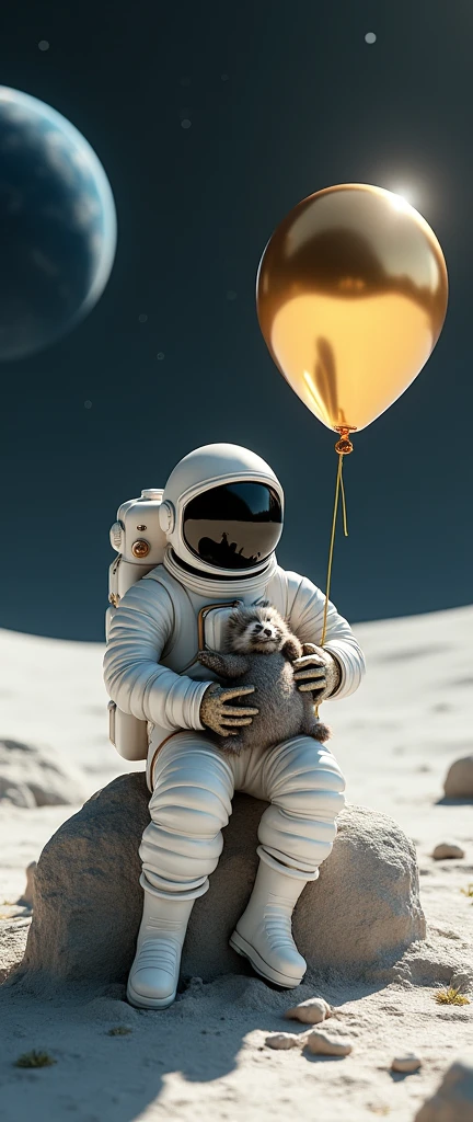 A captivating 3D render conceptual art piece, showcasing a futuristic astronaut in an advanced spacesuit, relaxed on a lunar rock and cradling a unique silver balloon in the shape of a baby raccoon. The minimalistic lunar landscape features a few scattered rocks, and Earth appears as a delicate blue dot in the distance. The detailed suit, the moon's surface texture, and the golden hues of the raccoon-shaped balloon are captured in stunning high-resolution 8K. This visually arresting artwork masterfully blends science fiction, whimsy, and cosmic wonder, inviting viewers to ponder the potential of human connection and exploration in the vast expanse of the universe., 3d render, conceptual art, photo