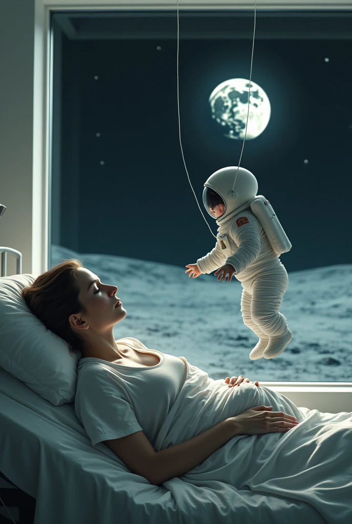 Mother gave birth to a child and they are still connected to eachother through umbillical cord but the child is on moon wearing space suit but the mother is in hospital 