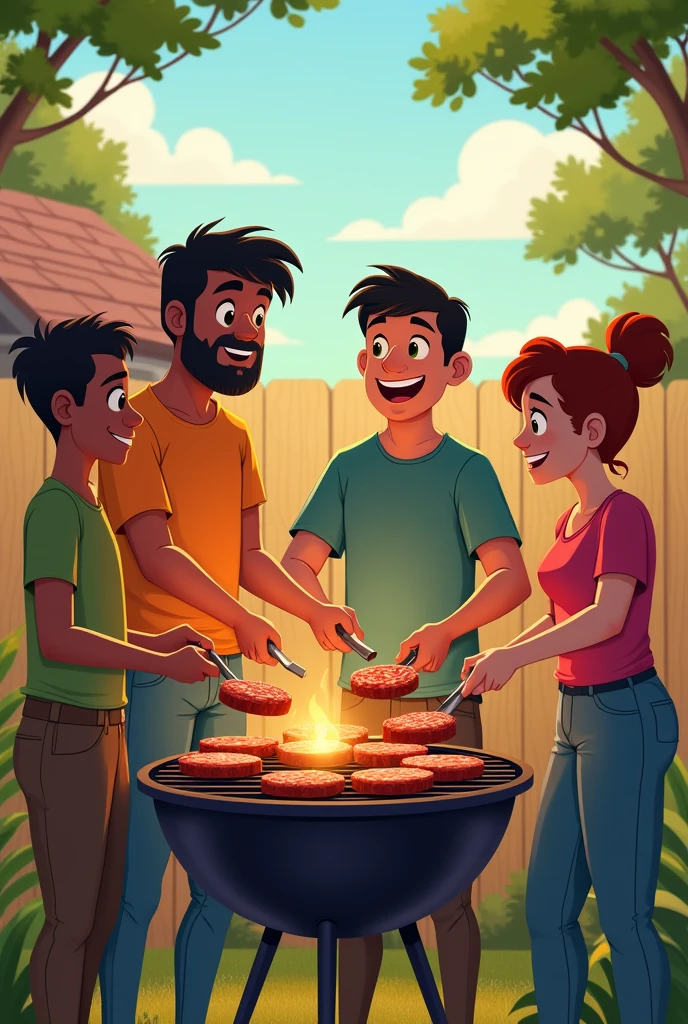 4 friends, being 1 ,Tall man, Scrawny, black hair and small eyes, other tall men, plumpness, straight black hair, and 1 tall woman, slim, long hair and green eyes, and another short woman, russet hair, chubby. Everyone making burgers on the grill at home.