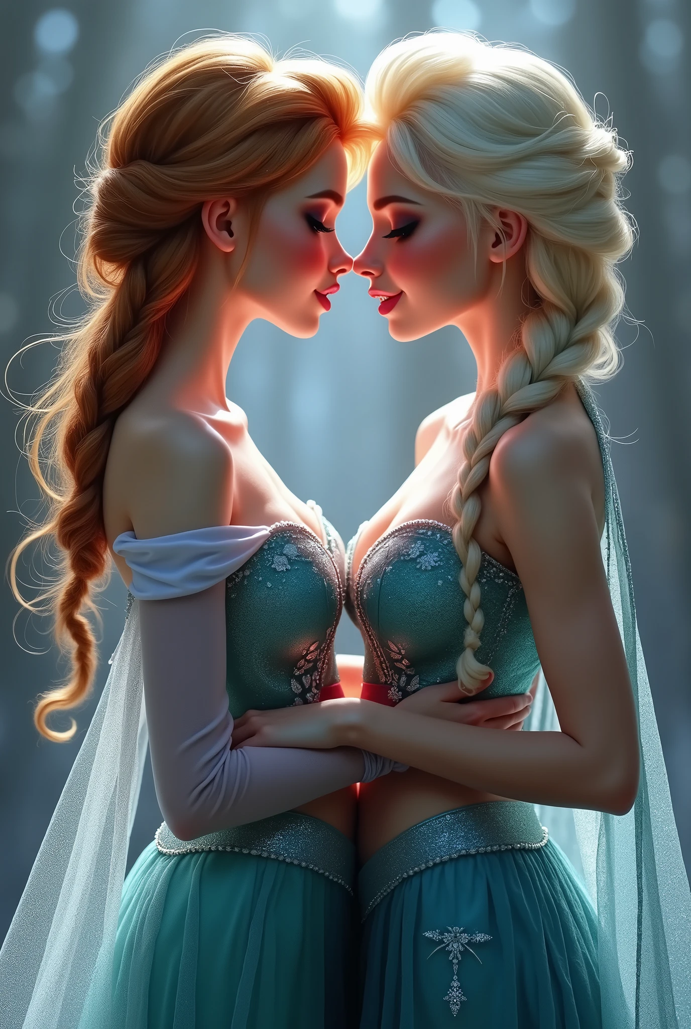 A stunning portrait of Elsa and her sister Anna putting their fingers in each others vaginas, kissing, French kissing, tongues touching, they are kissing, young and beautiful, hyper realistic, real portrait, backlit, exquisite features, cleavage, Elsa is showing her vagina to Anna and asking her to lick her vagina, she is inserting his fingers in her vagina under her skirt, she is fingering her, Elsa is in ecstasy
