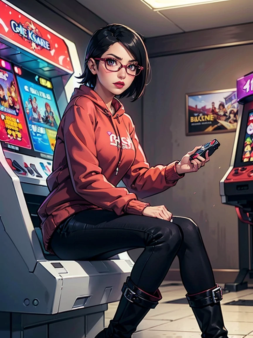 (One girl, alone, alone), (Risa Wakatsuki, Sarada Uchiha, Black Hair, short hair, Iris, Red glasses), ((alone, (1 Female, Pink lipstick, Iris), Very detailed, Soft indirect lighting, 4K, Perfect Eyes, Perfect Face, Perfect lighting, a 1 person)), severe, ((red sweatshirt, ((dark red sweatshirt, Sweatshirt with black details)), parade, Black Pants, high boots, boots, boots with buckles, Game Store, arcade, video game, Game House))