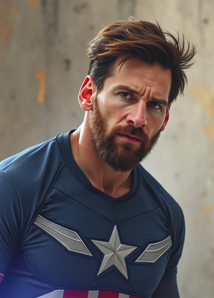 Lionel.Messi plays the superhero Captain America， 8k，K HD，detail on the face，detail on the face，detailed eye，Suit Details，Marvel and the DC style，Ultra photo realistic，+ cinema lenses + Dynamic compositions，Stunningly Detailed，Sharpen，the detail +Superbly fine details+Night of ligths+perfectionism+award-winning realism（（changing light））