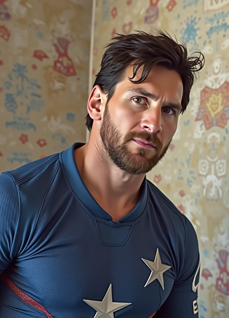 Lionel.Messi plays the superhero Captain America, 8k,K HD,detail on the face,detail on the face,detailed eye,Suit Details,Marvel and the DC style,Ultra photo realistic,+ cinema lenses + Dynamic compositions,Stunningly Detailed,Sharpen,the detail +Superbly fine details+Night of ligths+perfectionism+award-winning realism((changing light))