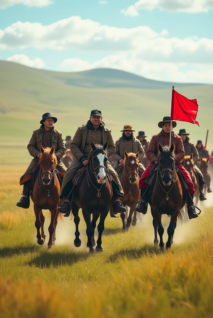 "Depict a vast, open steppe with a mix of green and golden grasses stretching to the horizon under a bright, clear sky. The scene features 1,000 modern Mongolians on horseback, riding together in a powerful, coordinated movement. The riders wear a mix of traditional and contemporary clothing—some in modern versions of the 'deel' with updated patterns and colors, while others wear outdoor gear like jackets and jeans, blending tradition with modernity. Their horses are strong and well-groomed, moving confidently across the steppe. Capture the sense of camaraderie and pride among the riders, with some carrying flags or symbols of Mongolia. The overall atmosphere should convey the harmony between tradition and the present, with the endless steppe highlighting the connection between the people and their land."