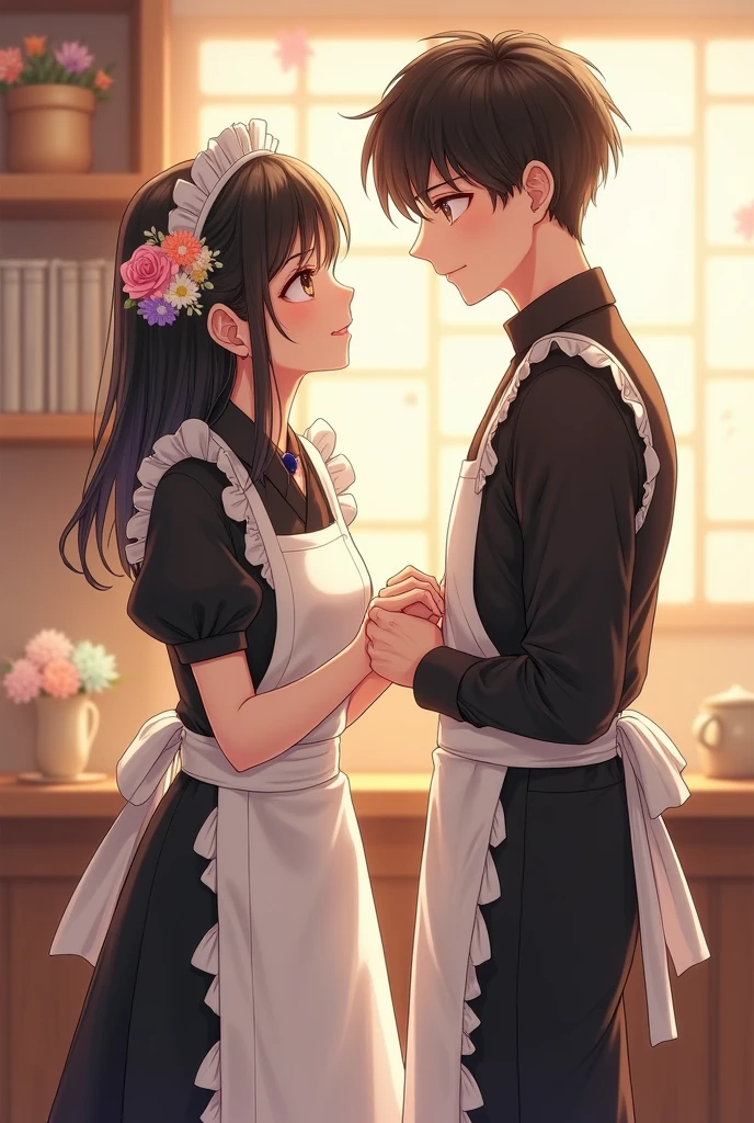 Asian couple, A human girl and boy wearing a maid outfit