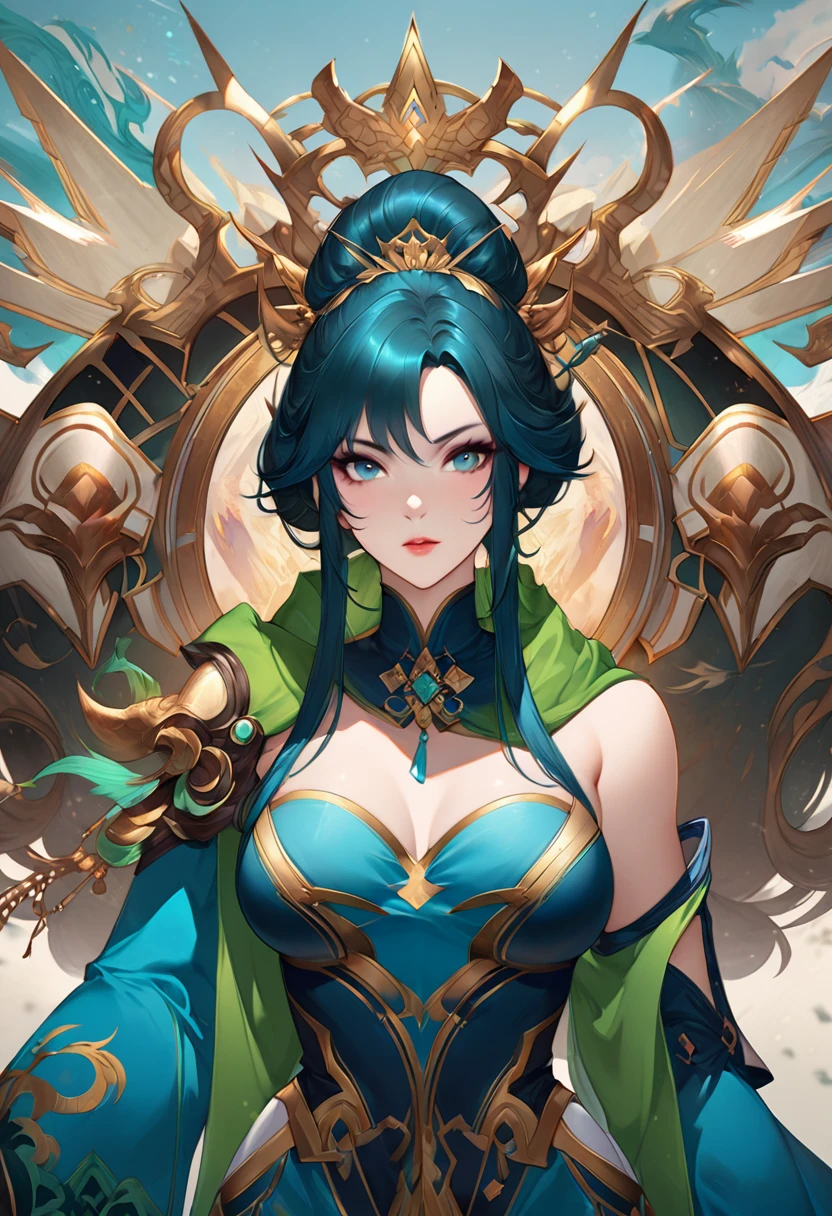 a woman in a blue dress with a long green scarf, beautiful character painting, a beautiful fantasy empress, by Yang J, style of artgerm, artgerm and ruan jia, extremely detailed artgerm, trending artgerm, artgerm. anime illustration, ruan jia and artgerm, inspired by Pu Hua, artgerm detailed