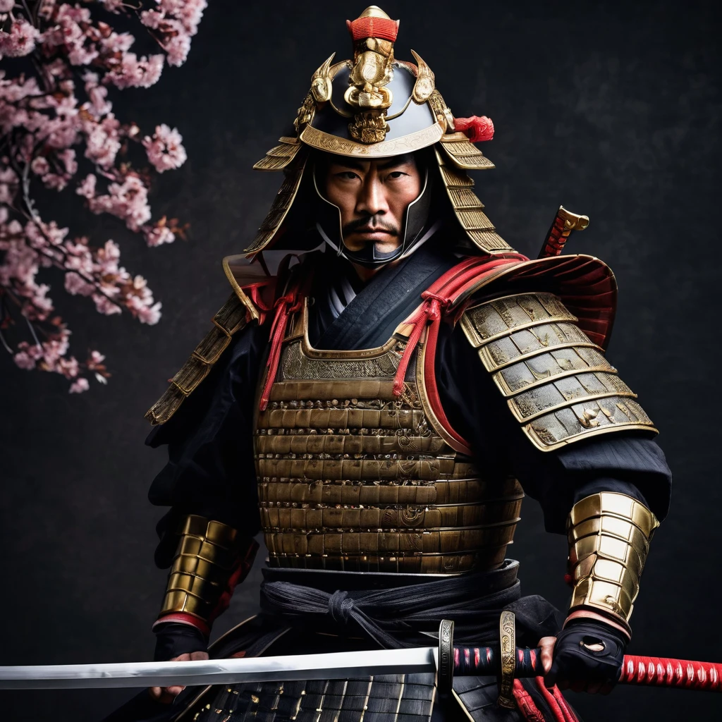 best qualityer,realisitic,Samurai,traditional,skilled warrior,katana,armored,confident stance,sharp sword,imposing presence,fierce expression,detailed armor,ornate helmet,esquema de cores vermelho e preto,cloth wrapped handle,darkness background,blooming cherry blossoms,subtle lighting,dramatic atmosphere,authentic details,action pose,Meiji era style,traditional Japanese art,stylized brushstrokes